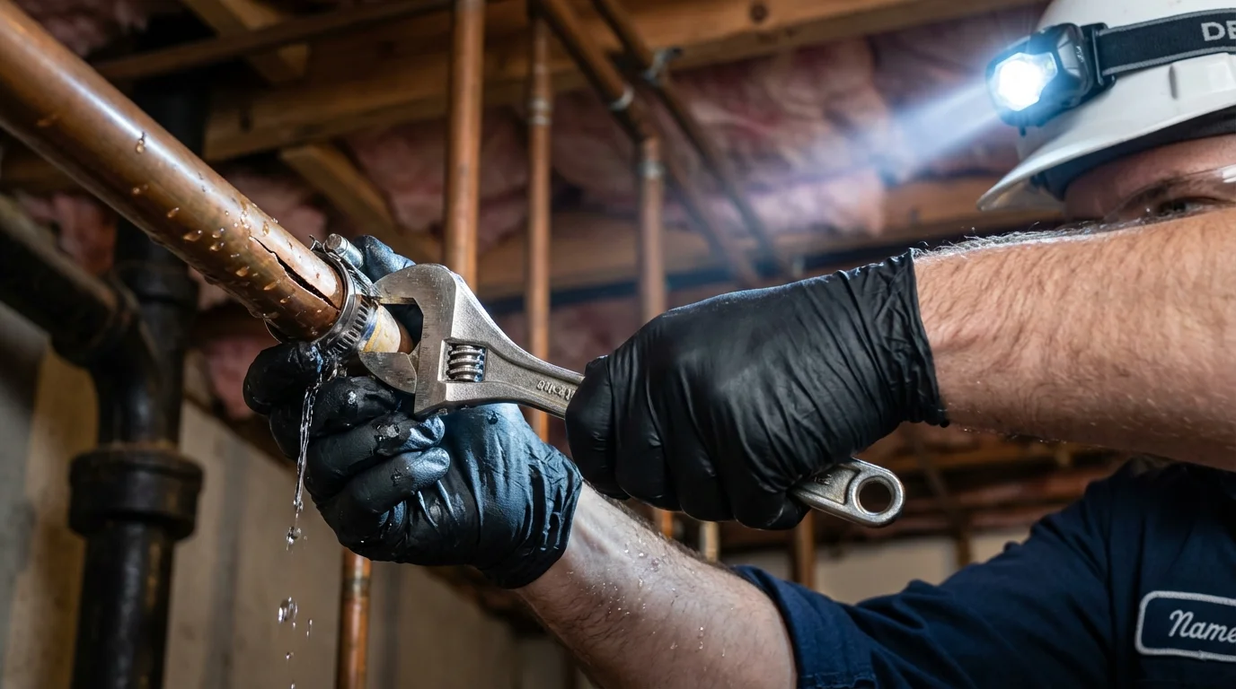 Emergency pipe clamp repair being performed by a Johns Plumbing LLC plumber in Vero Beach
