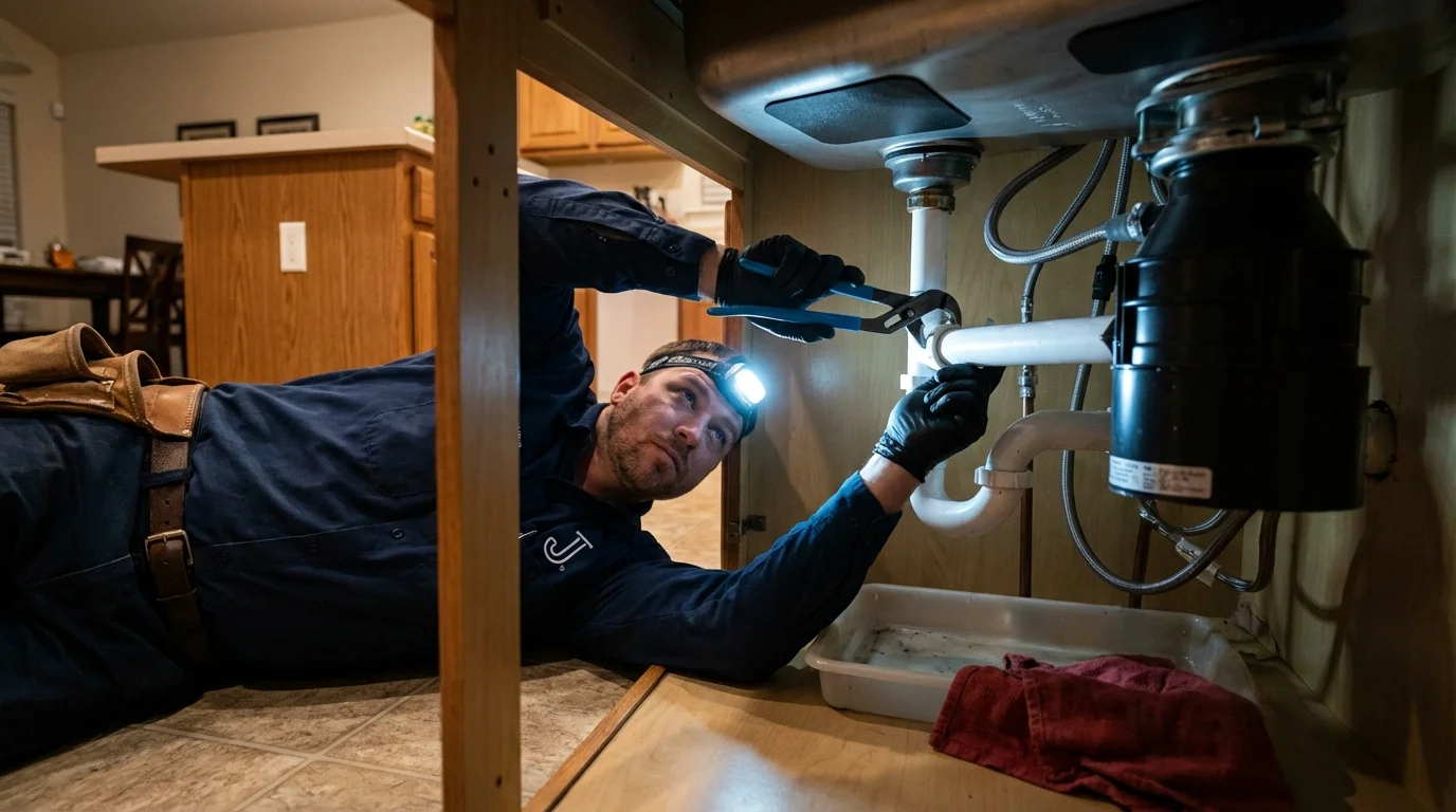 P-trap and supply line connections under a kitchen sink showing a common leak point in Vero Beach, FL